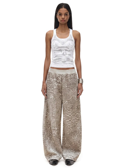 Fdr Women's Leopard Print Sweatpants - Retro Baggy Wide Leg Joggers with Elastic Waist for Holiday Streetwear, Size S