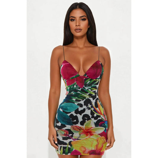 Mariposa Multi-Colored Printed Mesh Mini Dress