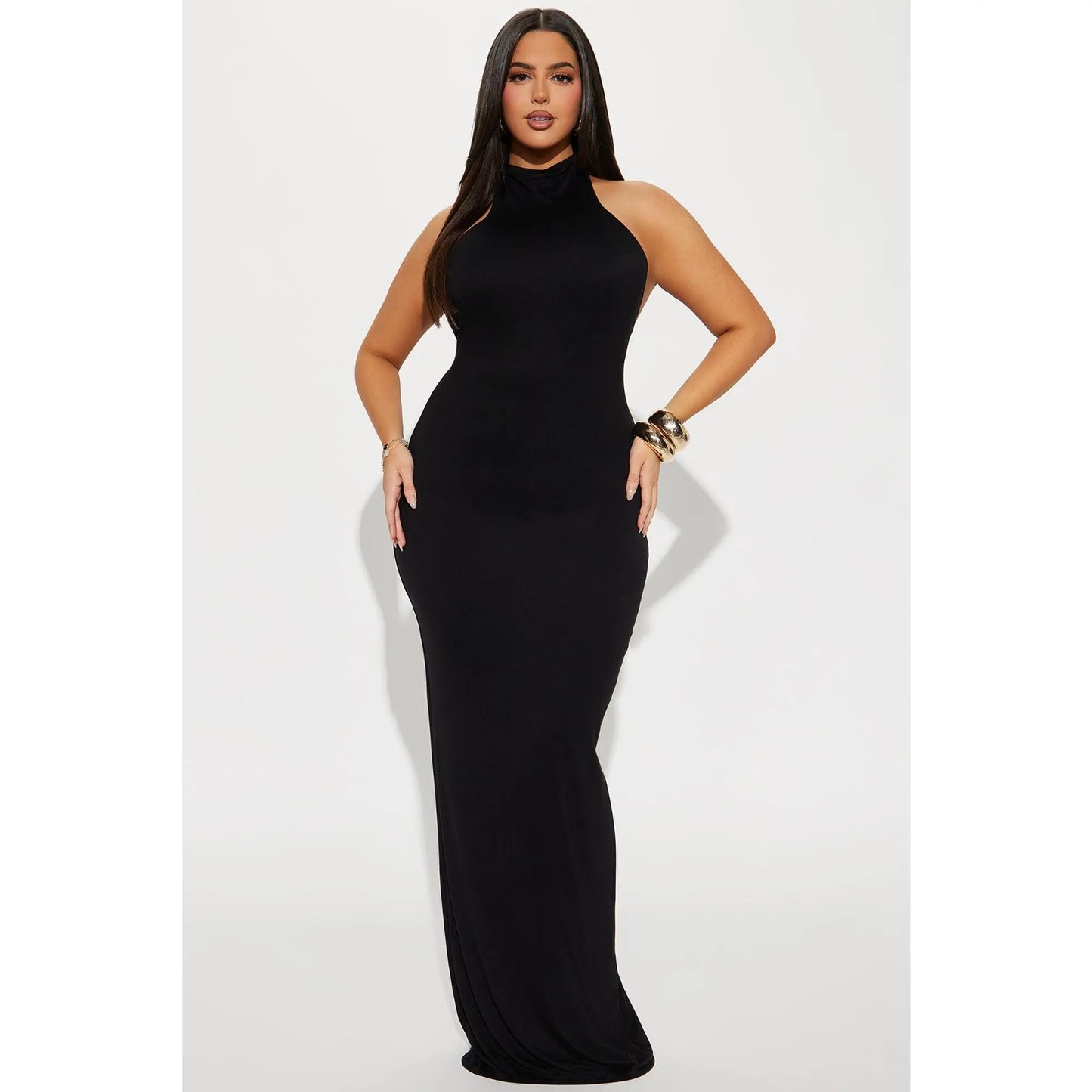 Elegant Black Double-Lined Halter Maxi Dress