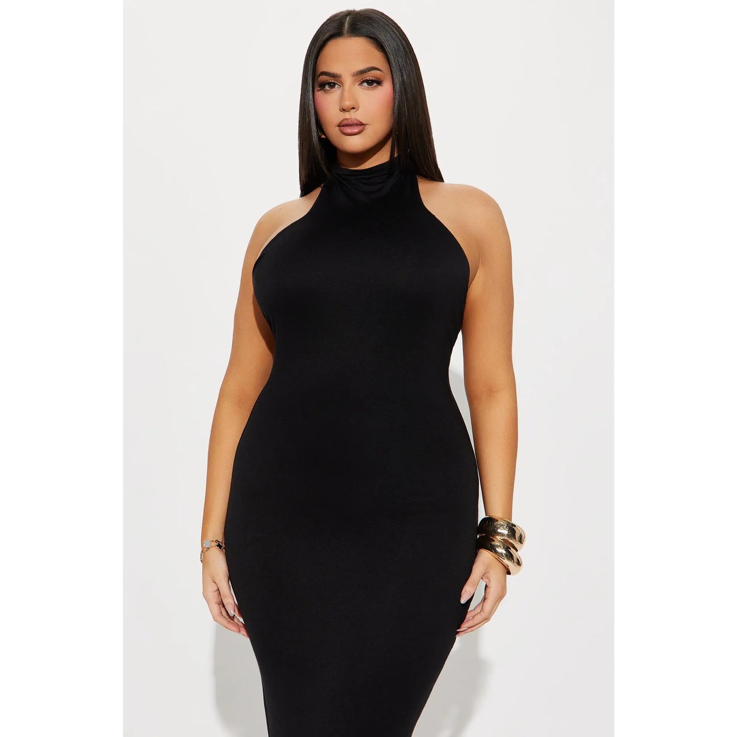 Elegant Black Double-Lined Halter Maxi Dress