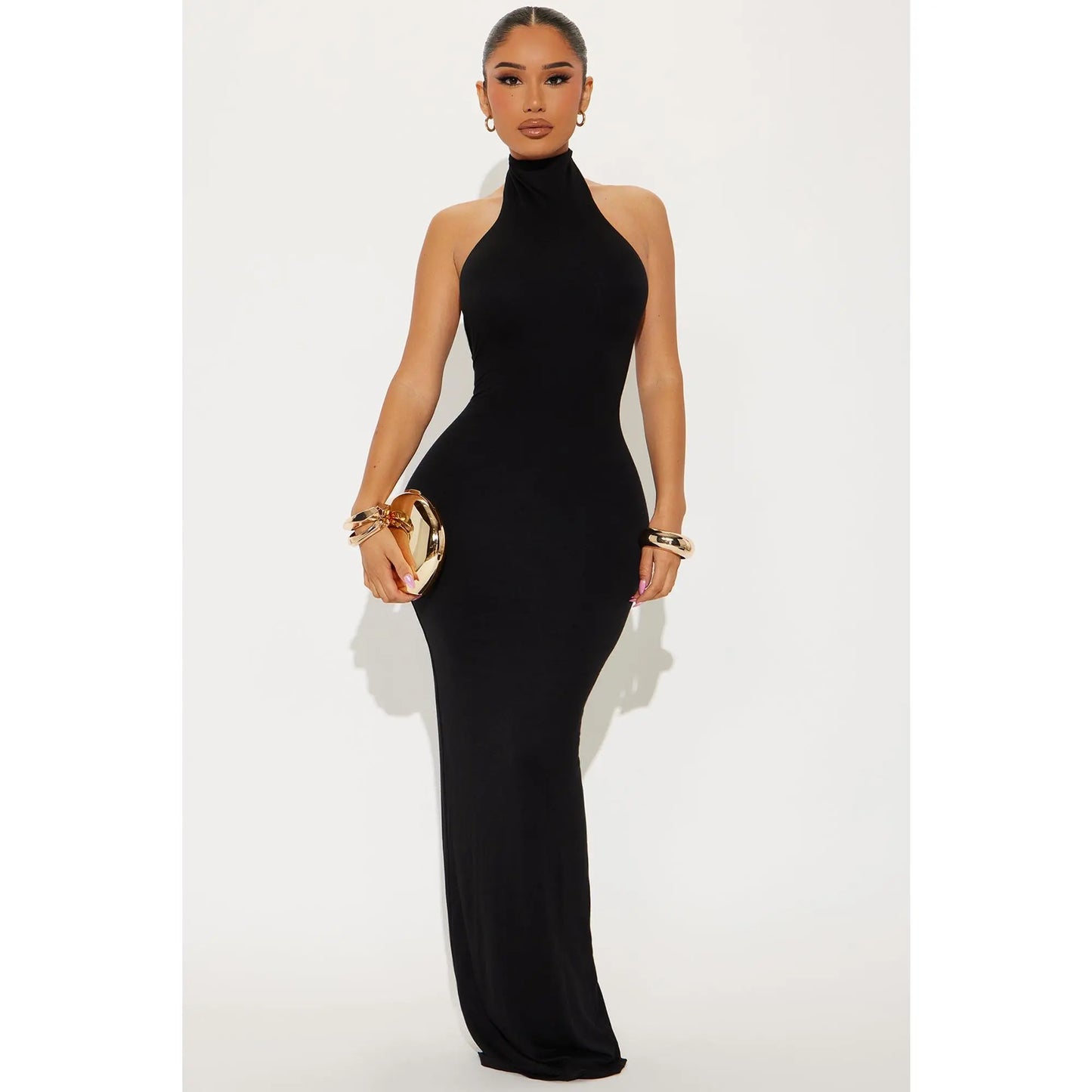 Elegant Black Double-Lined Halter Maxi Dress