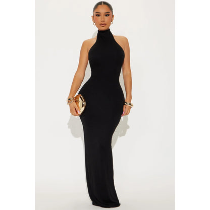 Elegant Black Double-Lined Halter Maxi Dress