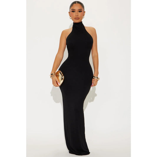 Elegant Black Double-Lined Halter Maxi Dress